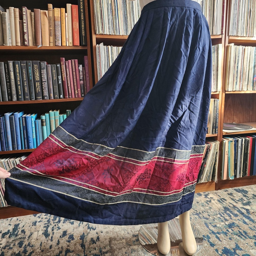 Vintage 1960s Villager Wool Blend Maxi Skirt‎ Navy Blue Red Stripe Made in USA M